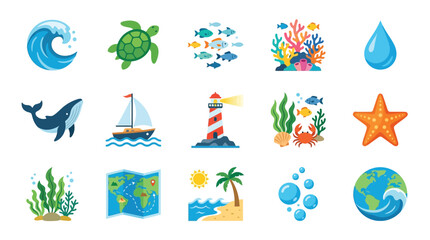 A vibrant collection of marine life, ocean elements, and coastal scenery, perfect for educational or decorative purposes. © GJ