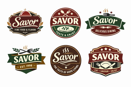 Savor food and dining logo collection. Set of vintage badges and emblems featuring culinary symbols for restaurants, gastropubs, and cafes