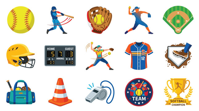 A vibrant collection of softball-related icons and illustrations, showcasing equipment, players, and game elements.