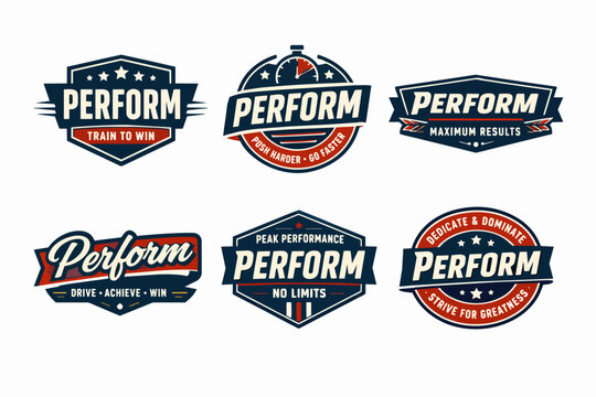 Perform concept collection displaying athletic badges and emblems for sport, fitness, motivation, and training success