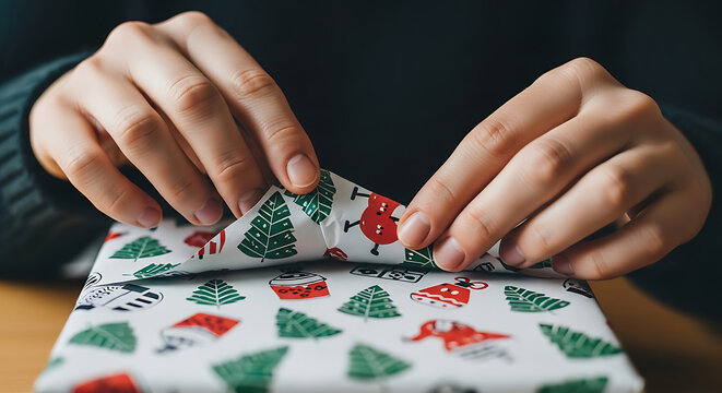 Hands wrapping holiday gift with festive paper and ribbon on wooden table