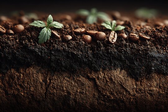 Coffee beans and small green sprouts growing in rich dark soil layers close up keywords: coffee