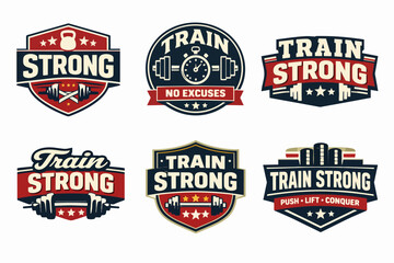 Obraz premium Gym and fitness emblems set, vector badges for strength training, bodybuilding, and workout motivation
