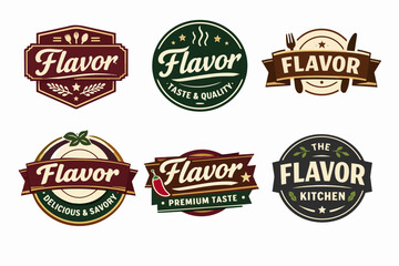 Obraz premium Collection of vintage food restaurant badges and labels, showcasing various culinary flavor concepts and kitchen branding