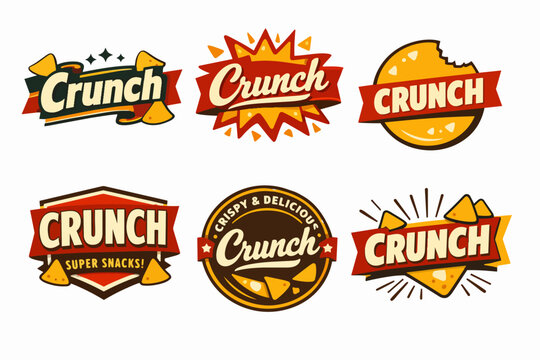 Crunch snack food brand logos collection offering vintage style badges and labels for crispy snacks and chips