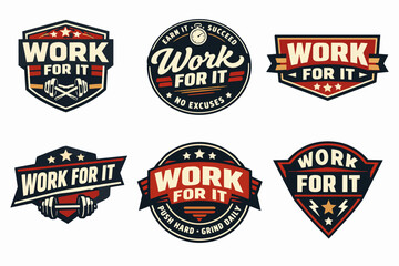 Naklejka premium Collection of retro work for it badges and fitness logos with dumbbells, stars, and timepieces, symbolizing workout mindset and dedication