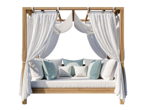 Isolated luxurious wooden outdoor daybed with draped white canopy curtains and stylish pillows