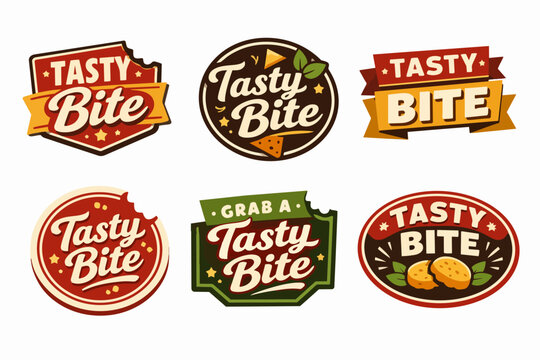 Tasty bite logo collection for snack food labels, retro design, organic product packaging, brand identity