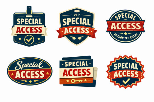 Special access collection with vintage style badges and labels granting vip privileges or authorized entry