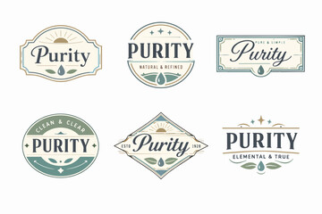 Fototapeta premium Collection of vintage purity labels and emblems, graphic designs featuring water drops and sun for natural products