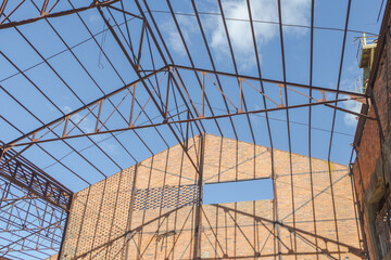 Fototapeta premium Abandoned Lousal Mining Museum structure with exposed steel roof