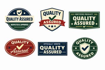 Obraz premium Set of quality assured badges and certified product labels, indicating inspection, approval, high standards, and reliability
