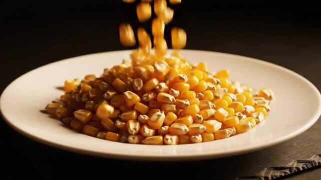 Close-up of golden corn kernels cascading onto a white plate, filling it with a warm glow