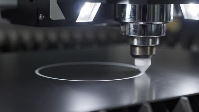 Industrial CNC machine precisely cutting a circular shape into a shiny metallic surface during manufacturing process
