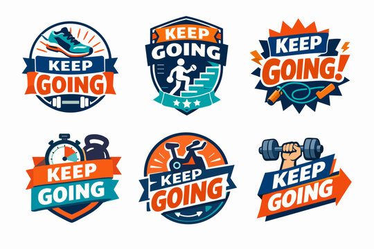 Set of six badges with keep going text, sports equipment, and inspiring graphics, symbolizing fitness motivation and perseverance