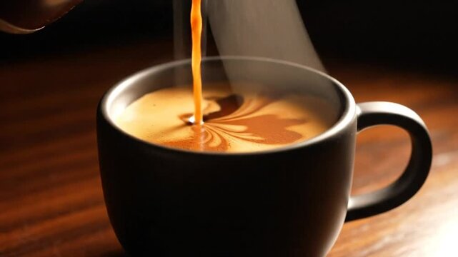 Brewing rich, steaming coffee, a close-up shot of a dark mug being filled with fresh coffee creating a beautiful swirl