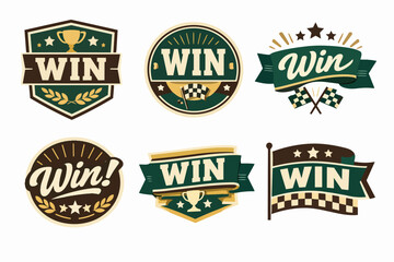 Obraz premium Set of win badges and labels celebrating success, victory, achievement, and competition with trophies and flags