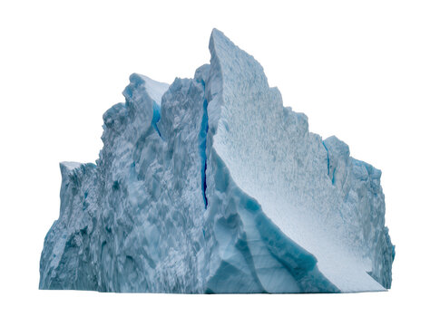 Isolated massive blueish white iceberg with dramatic jagged peaks and deeply textured surface