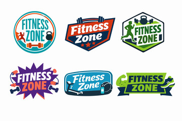 Obraz premium Fitness zone logos set with various sports equipment, human figures, and design styles for gym and workout activities