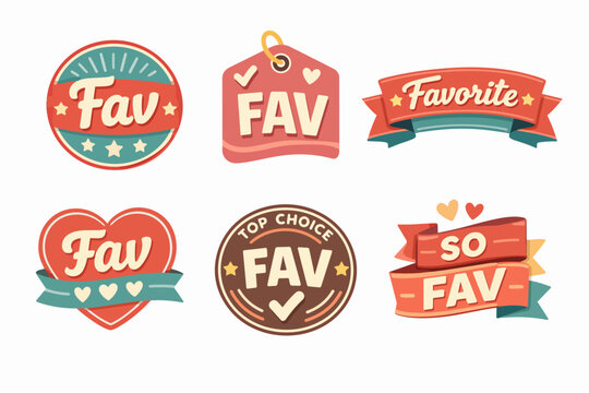 Collection of favorite badges and stickers in retro style, including ribbon, heart, and round shapes