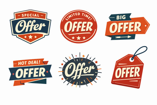 Collection of retro offer badges and labels in different shapes, perfect for sales, hot deals, and limited time promotions