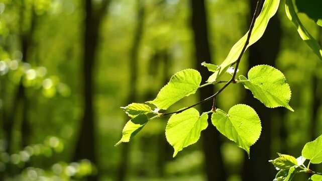 Lush green foliage in a sunlit forest scene, with soft focus leaves creating a bokeh effect in nature