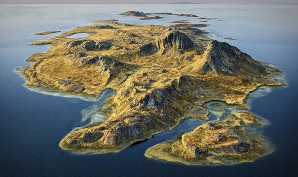 澄み渡る青い海に浮かぶ荒涼とした岩肌の無人島を上空から捉えた空撮写真。透明度の高い沿岸部と乾燥した大地が織りなす美しい自然のコントラストが際立つ、静寂に包まれた壮大な海洋風景のパノラマビュー。