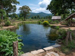 Obraz premium Serene rural pond with lush greenery.