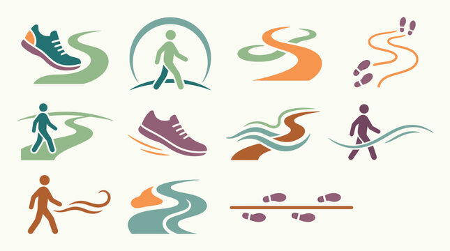 Collection of stylized icons representing walking, hiking, and outdoor activities with footprints and scenic paths.