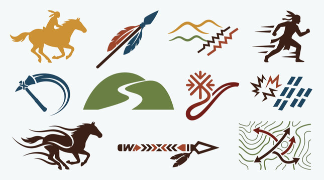 Collection of Native American-inspired graphic elements and symbols, including horses, warriors, arrows, and natural landscapes.