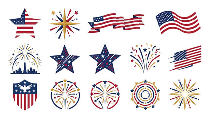 Collection of American patriotic symbols including stars, flags, fireworks, and a shield, representing national pride and celebration. © tr