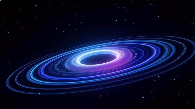 Luminous spiral accretion disk around a black hole or neutron star, glowing with blue and violet light in deep space &mdash; astrophysics concept art