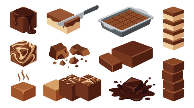 A collection of isometric illustrations depicting various forms of chocolate brownies, from whole baked pans to individual pieces and melted chocolate.