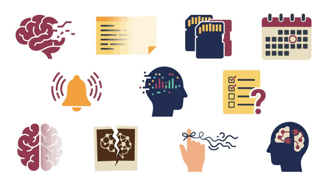 Collection of icons representing memory loss, cognitive decline, and mental health challenges.