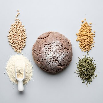 Overhead view of a purple millet sadza porridge mound, white maize flour scoop, raw sorghum grains, nuts, and dried leafy greens.