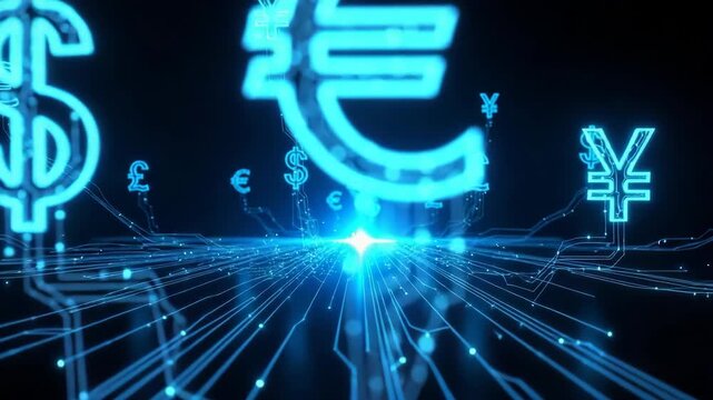 Animated Currency Symbols Of The Global Market On Digital Circuit Board With Light Trails In Dark Background Online Trading The Value Of World Economics