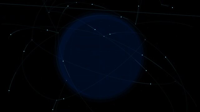 Abstract plexus lines and dots over dark blue planet or sphere, motion graphics background footage
