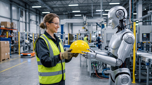 Smiling female industrial worker sharing a safety hard hat with a humanoid robot in a modern manufacturing plant representing human machine collaboration