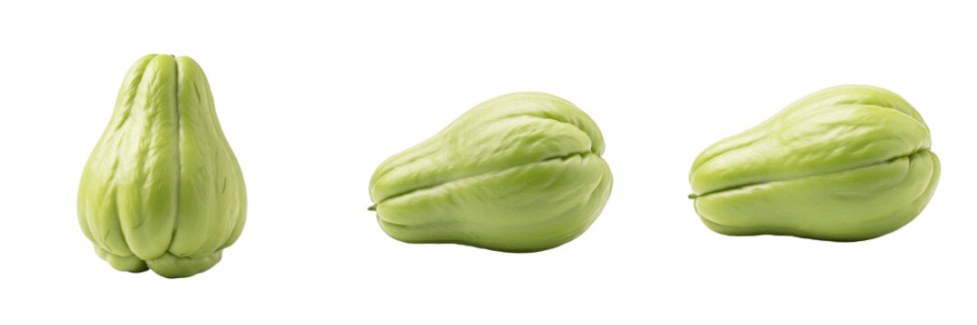 Chayote squash (Sechium edule) green pear-shaped vegetable isolated on white background, chocho vegetable produce