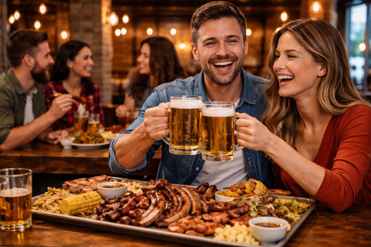 Bebendo e comendo churrasco na churrascaria