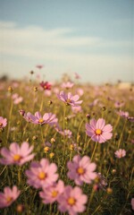 Fototapeta premium Pink flowers bloom in a sunlit meadow under a soft blue sky.