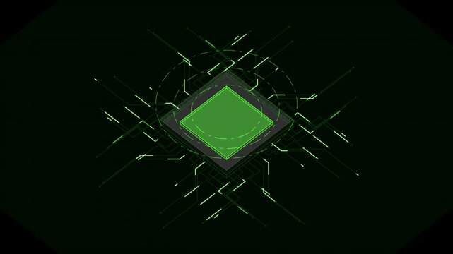 Futuristic cpu processor animation with glowing green digital data lines and green screen area on black background