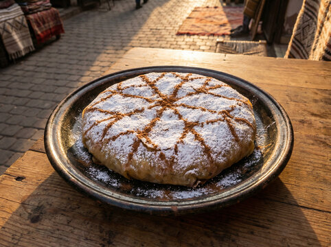 Aerial View of Moroccan Msemen Flatbread with Honey and Argan Oil on Newspaper Print No Face No Logo in Warm Souk Market Light