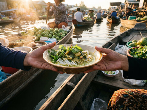 Cambodian Nom Banh Chok Fresh Rice Noodle with Green Herb Curry at Floating Market No Face No Logo in Warm Morning Market Light