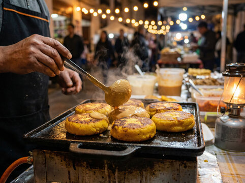 Close-Up of Ecuadorian Llapingachos Potato Cheese Cakes on Griddle with Peanut Sauce No Face No Logo in Warm Latin Street Light