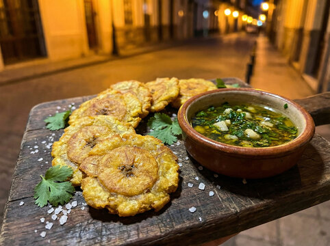 Close-Up of Cuban Tostones Twice-Fried Plantain Discs with Garlic Mojo Sauce on Dark Board No Face No Logo in Warm Street Light