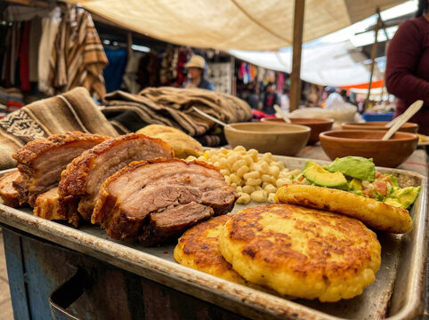 Close-Up of Ecuadorian Llapingachos Potato Cheese Cakes on Griddle with Peanut Sauce No Face No Logo in Warm Latin Street Light
