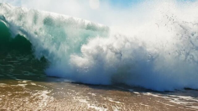Powerful ocean wave crashing on sandy beach, crystal turquoise water, sunlit foam and spray breaking the surface, scenic coastal scene