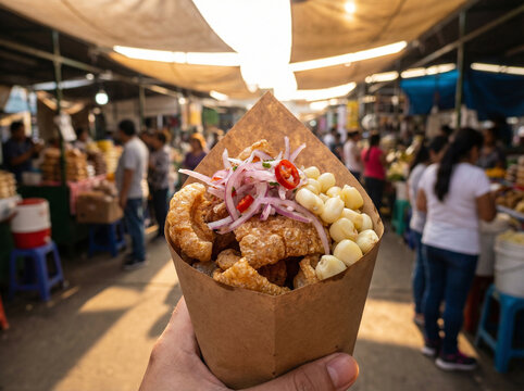 Crispy Peruvian Chicharr&oacute;n Pork Rinds with Salsa Criolla and Corn in Paper Cone No Face No Logo in Warm Lima Market Light