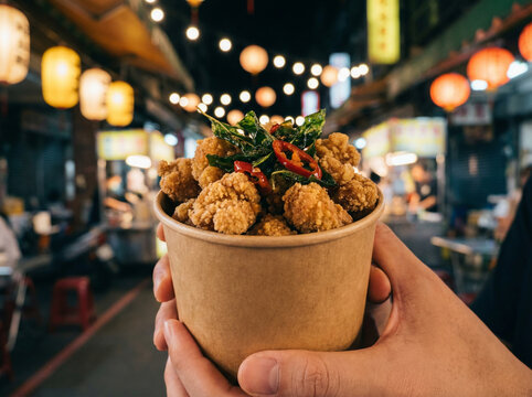 Crispy Taiwanese Popcorn Chicken in Paper Cup with Basil Leaves and Chili No Face No Logo in Warm Night Market Light